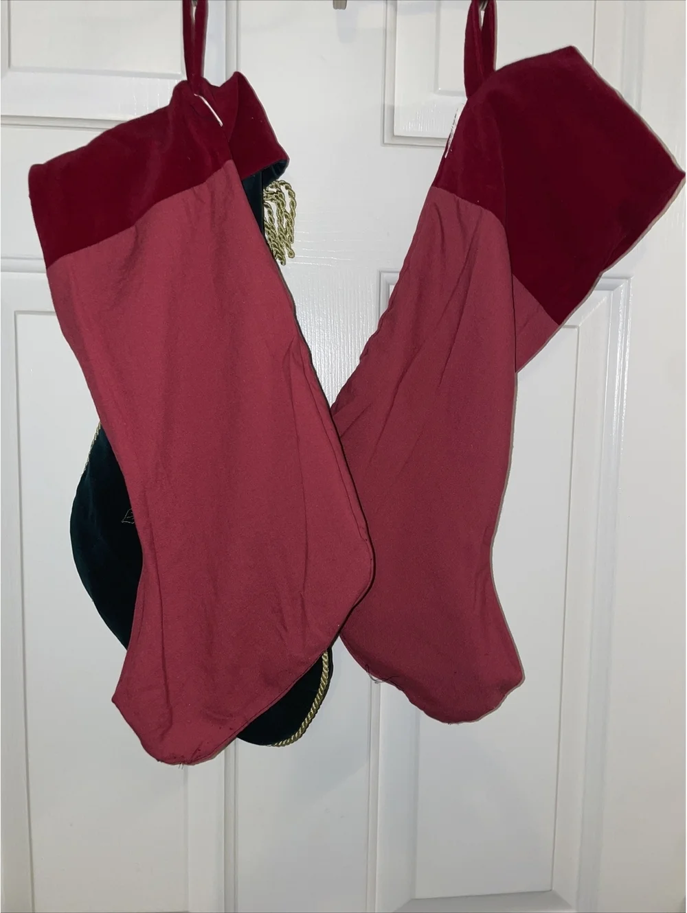 Velvet Green Christmas Stockings Gold Cord Trim Gold Stitched Bird Poinsettias